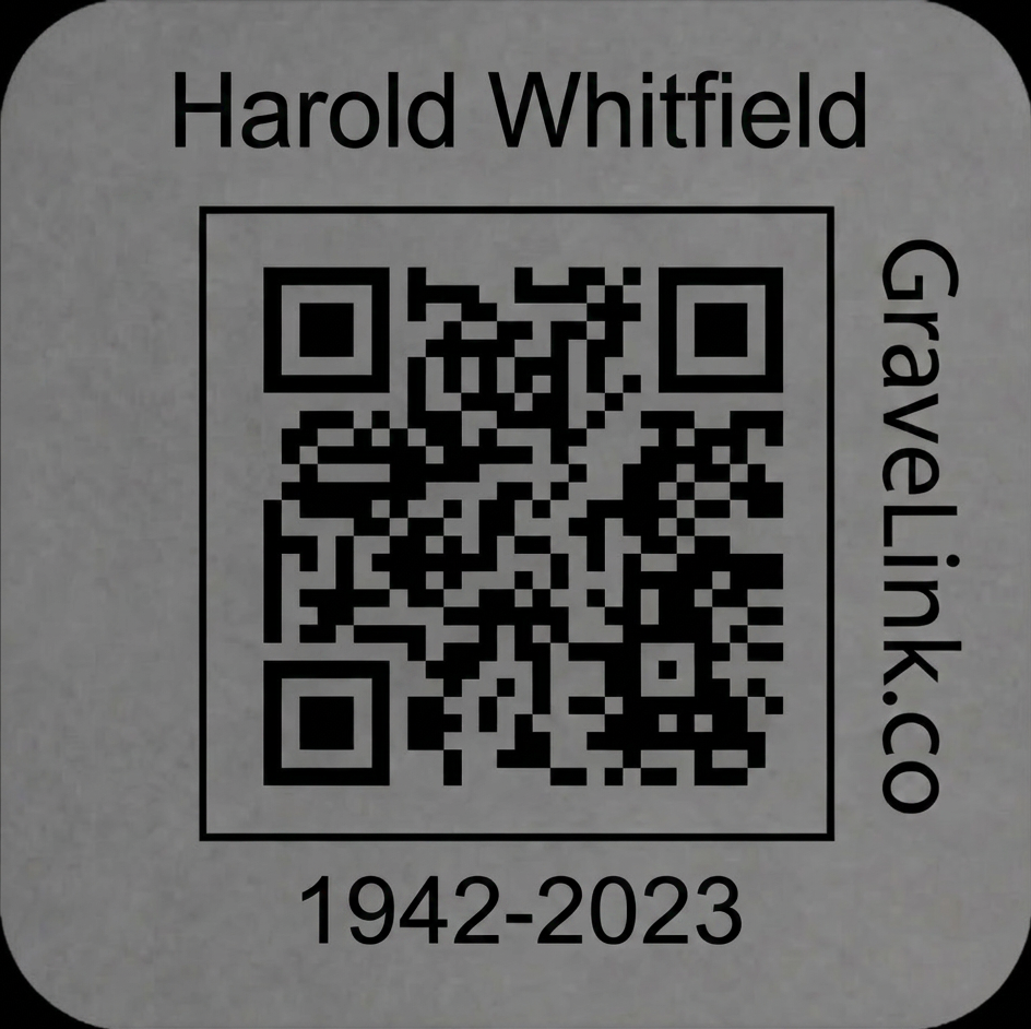 Close-up of the grade 2 titanium GraveLink marker engraved for Harold Whitfield, 1942-2023, with a QR code
