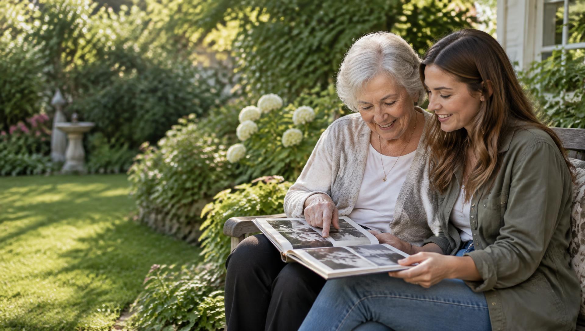 A grandmother and granddaughter share family photographs in a sunlit garden