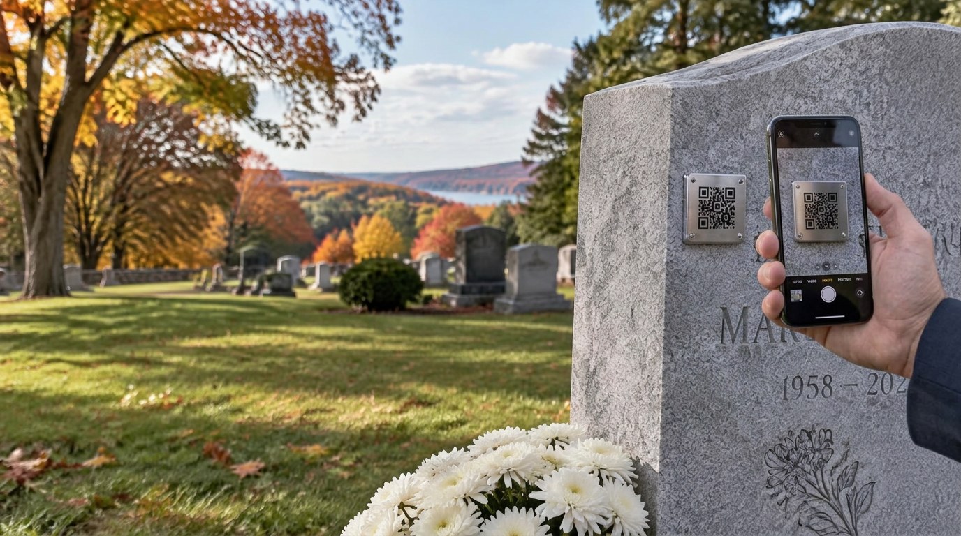 A visitor holds a phone beside a QR marker on the upright face of a granite headstone